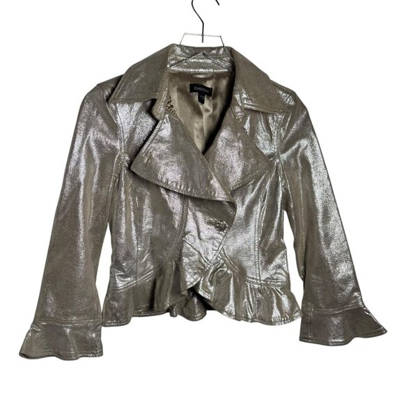 Bebe Women’s Size Small Vintage Y2K Light Gold Leather Peplum Jacket Ruffle Hem - Picture 1 of 9